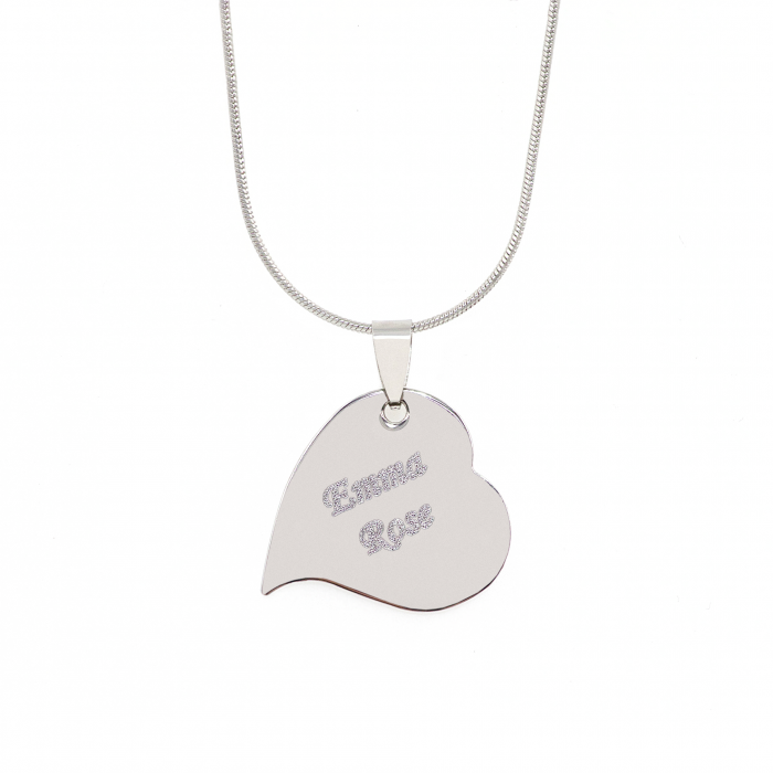 Heartbeat Charm Necklace Back Engraving in Stainless Steel Tilted Heart Charm