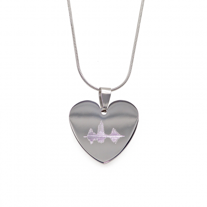 Heartbeat Charm Necklace Using Soundwave of "I Love You" Engraved Horizontally Stainless Steel Heart Charm