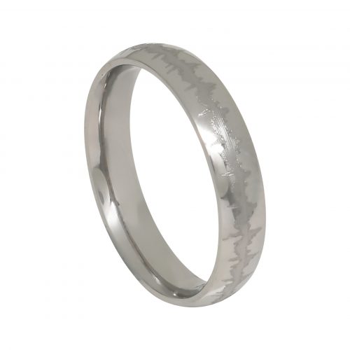The Heartbeat Comfort Fit Band Ring comes in sterling silver and stainless steel. It can be engraved on both the outside and inside of the ring with a combination of up to 3 heartbeat waveforms or voice soundwaves as well as text engraving