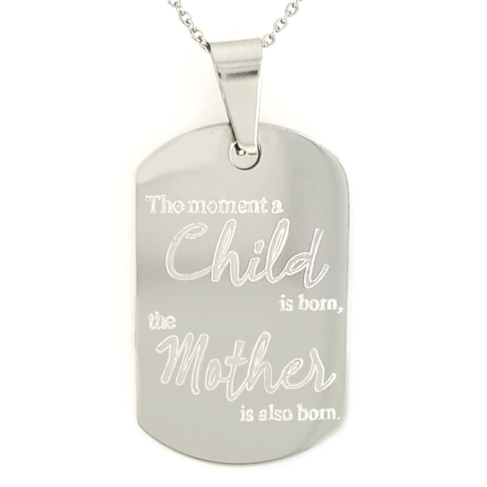Our eye-catching Mini Dog Tag looks great as a keyring, necklace or bag tag. Show your support for La Leche League with your purchase.  Chain Length is 20″ (508mm). Dog tag is 1.4″ x .9″ (36mm x 23mm). Material is durable stainless steel (all components).