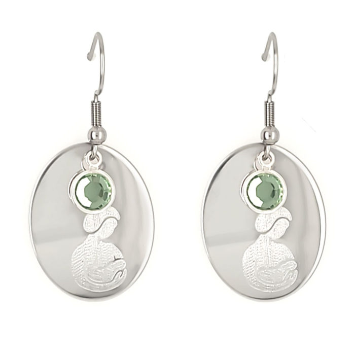 When you purchase these earrings, not only will you look great wearing them, but you will be supporting La Leche League International and the important work they do around the world. 25% of your purchase goes directly to LLLI.  Oval charms measure .75" x 1" (19mm x 25mm). Lab created green gemstone .25" (6.5mm). Material is stainless steel (all metal components).