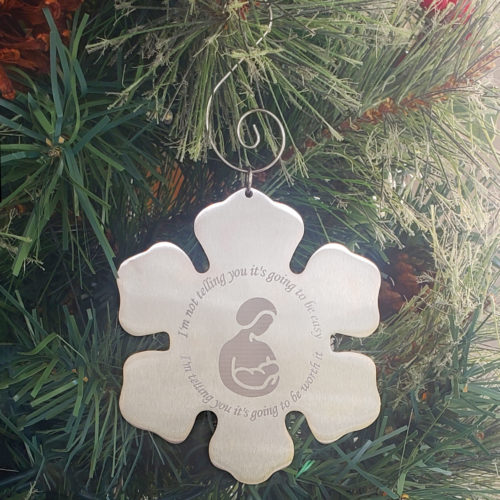 SUpport breastfeeding around the world. La Leche League Holiday Ornament. Swirl hook included. Ornament measures 3.5″ x 3.25″. Material is in brushed Stainless Steel (shiny engraving).
