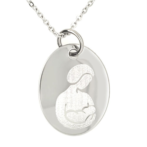 Oval La Leche League pendant necklace with logo and text with chain.  Chain Length is 20″ (508mm). Oval measures .75″ x 1″ (19mm x 25mm). Material is stainless steel (all components).