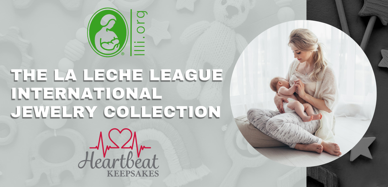 Breastfeeding mother with La Leche League International logo and Heartbeat Keepsakes logo