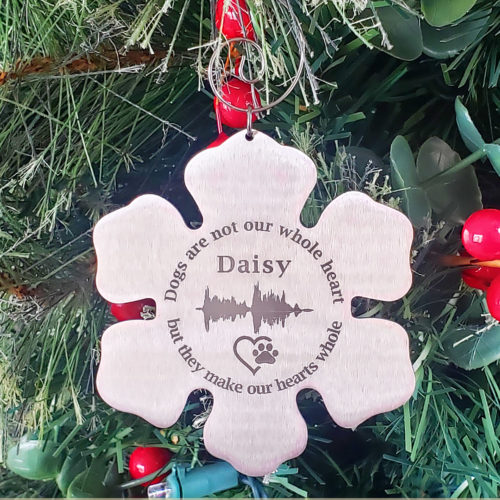 Celebrate the holidays with our Furbeat Snowflake Ornament customized with your furbaby's heartbeat or unique soundwave from a bark, meow, purr, or any other sound you would like! We can include your furbaby's name and a dog print, cat print, or horseshoe in the design. Free US shipping 2 to 4 weeks with rush options at check-out.